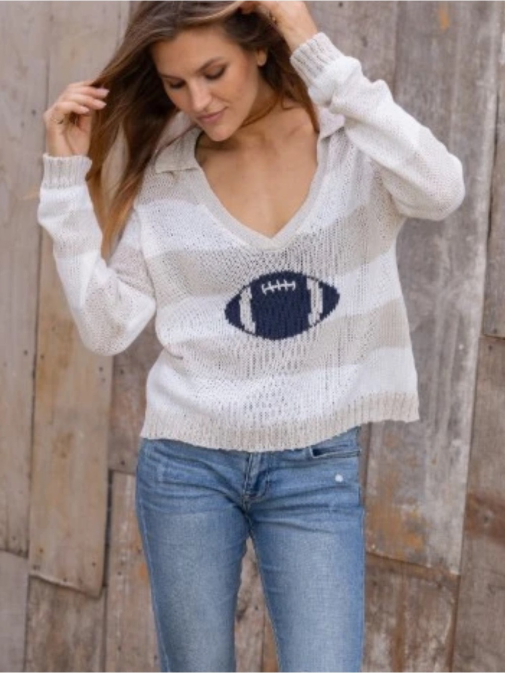 Wooden Ships Womens Football stripped knit rugby preppy collared sweater M/L NWT